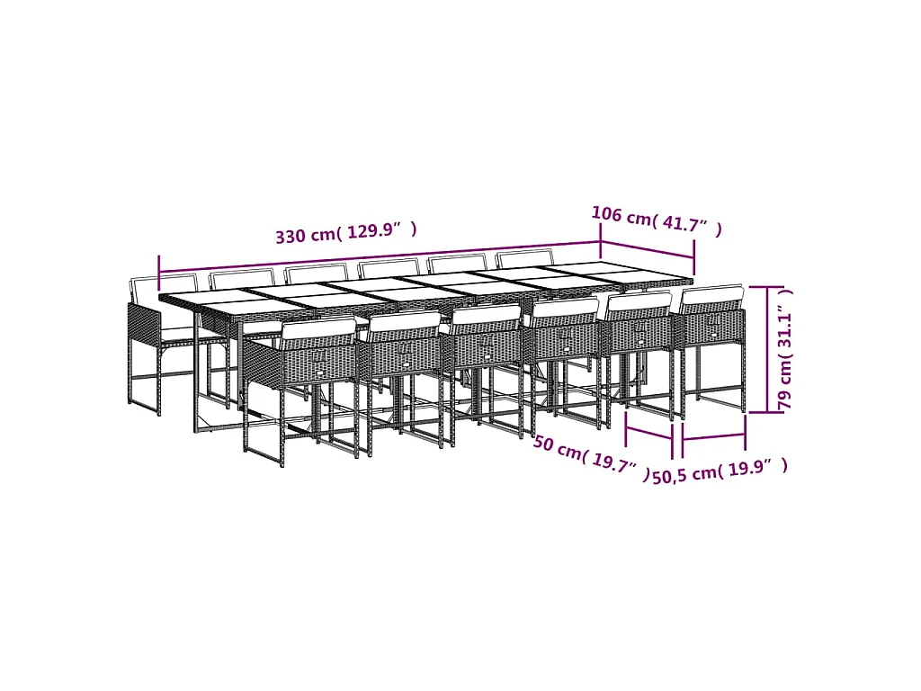 Set comedor de jardín con cojines 13 pzas ratán sintético negro
