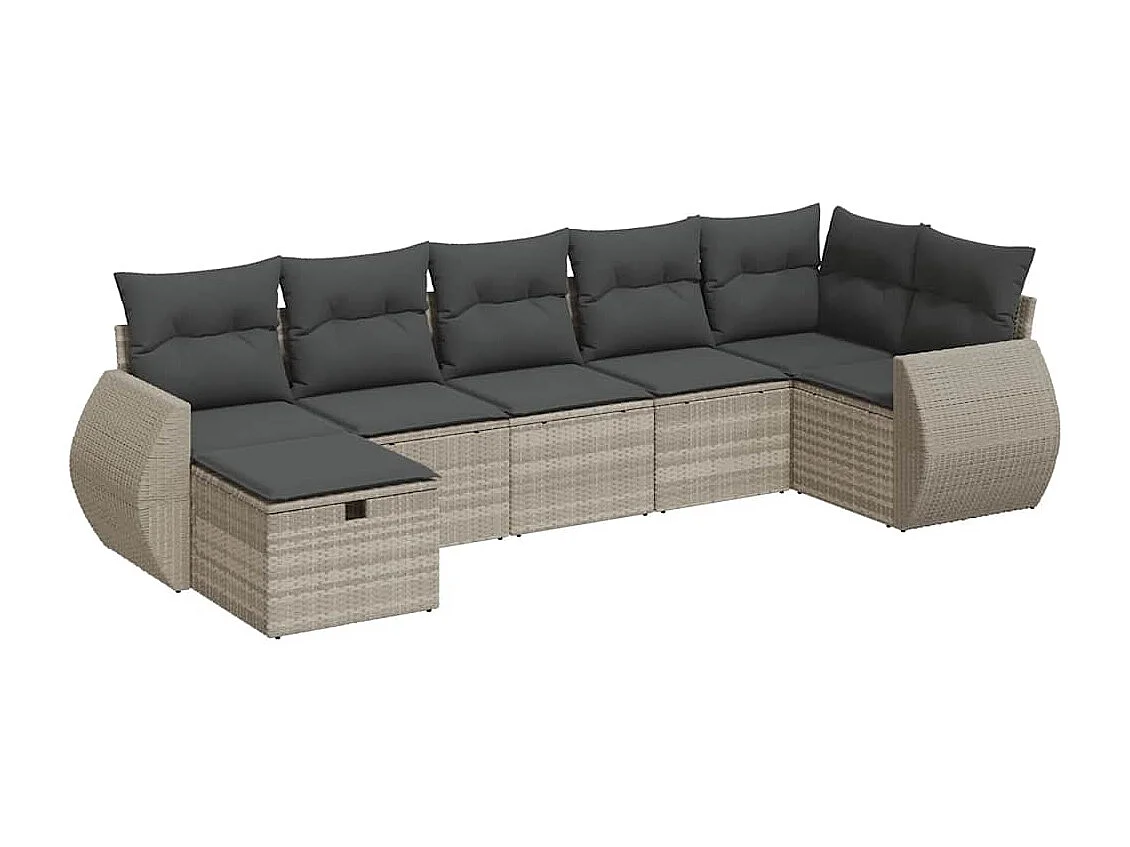 7-tlg. Garten-Sofagarnitur mit Kissen Hellgrau Poly Rattan