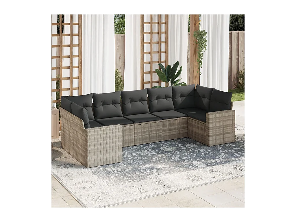 7-tlg. Garten-Sofagarnitur mit Kissen Hellgrau Poly Rattan
