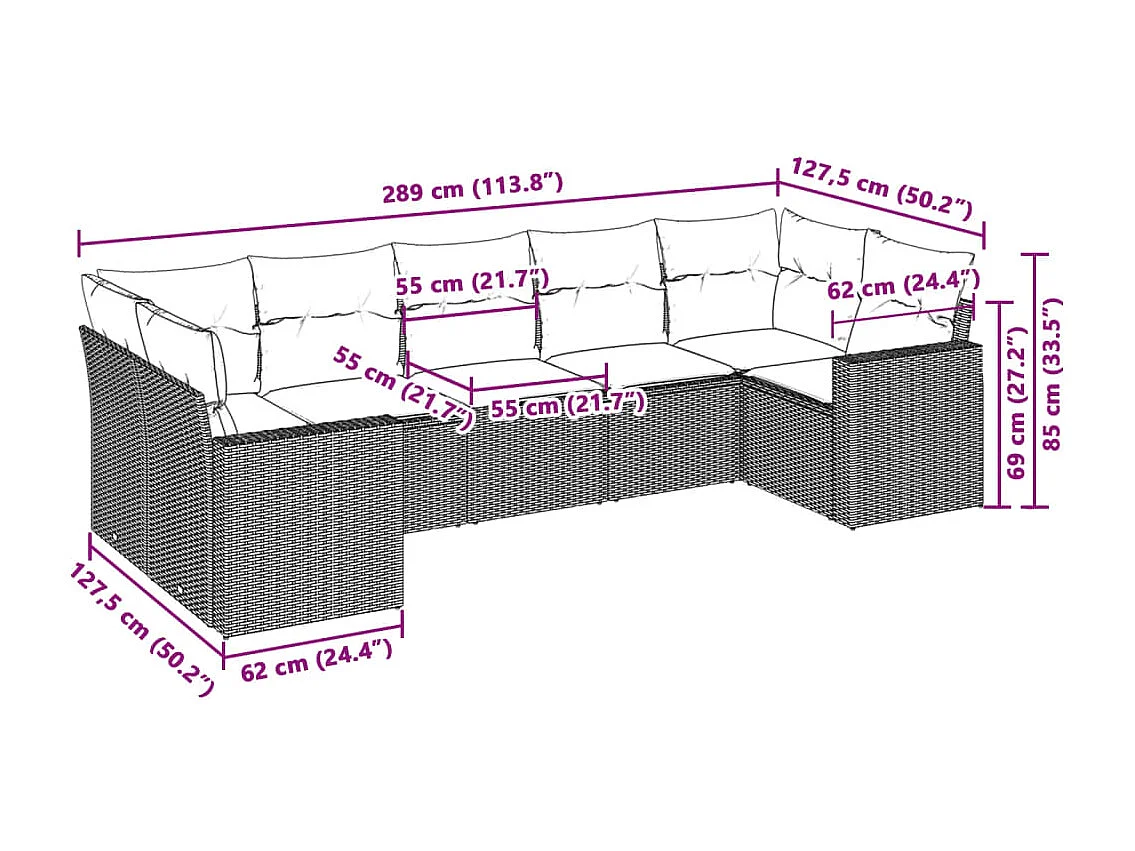Salon de jardin avec coussins 7 pcs gris clair résine tressée