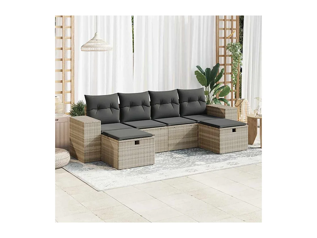 Set Divano da Giardino 6pz con Cuscini Grigio Chiaro Polyrattan