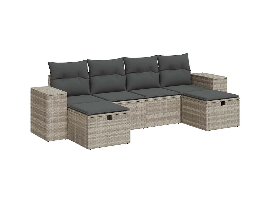Set Divano da Giardino 6pz con Cuscini Grigio Chiaro Polyrattan