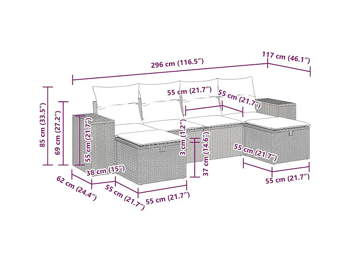 Set Divano da Giardino 6pz con Cuscini Grigio Chiaro Polyrattan
