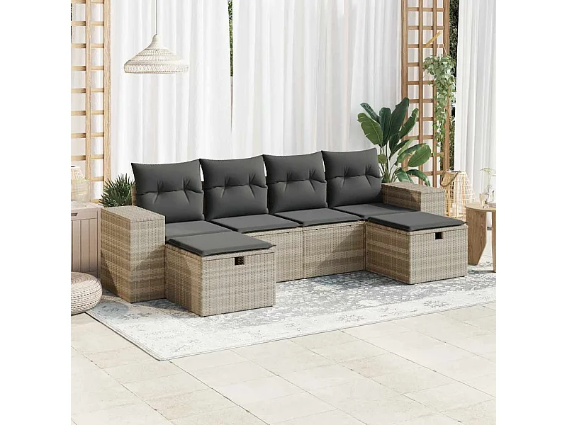 Salon de jardin 6 pcs avec coussins gris clair résine tressée