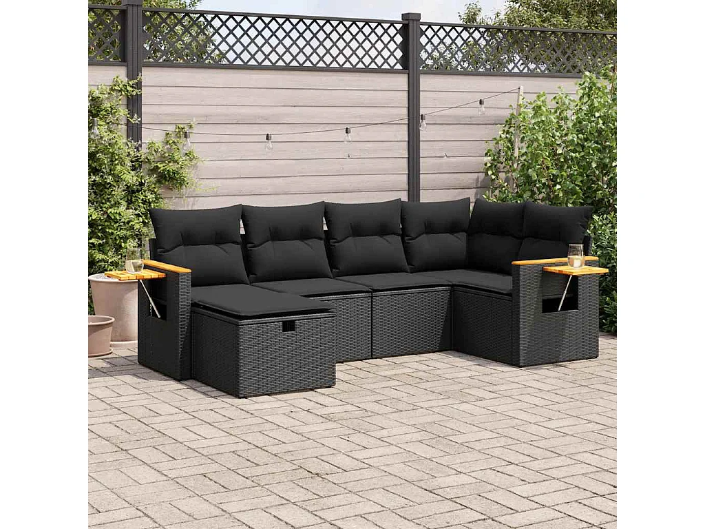 6 pcs conjunto sofás de jardim c/ almofadões vime PE preto