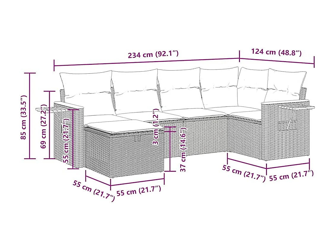 6 pcs conjunto sofás de jardim c/ almofadões vime PE preto