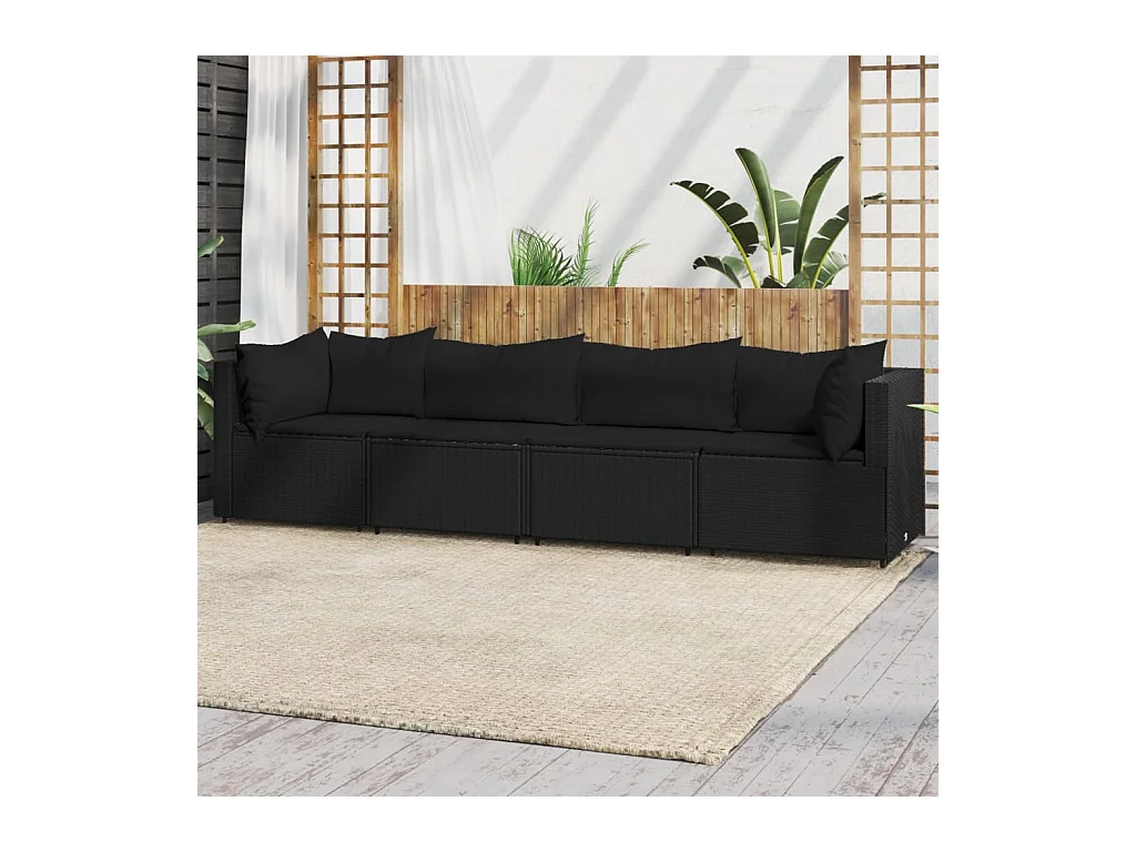 Salon de jardin 4 pcs avec coussins Noir Résine tressée