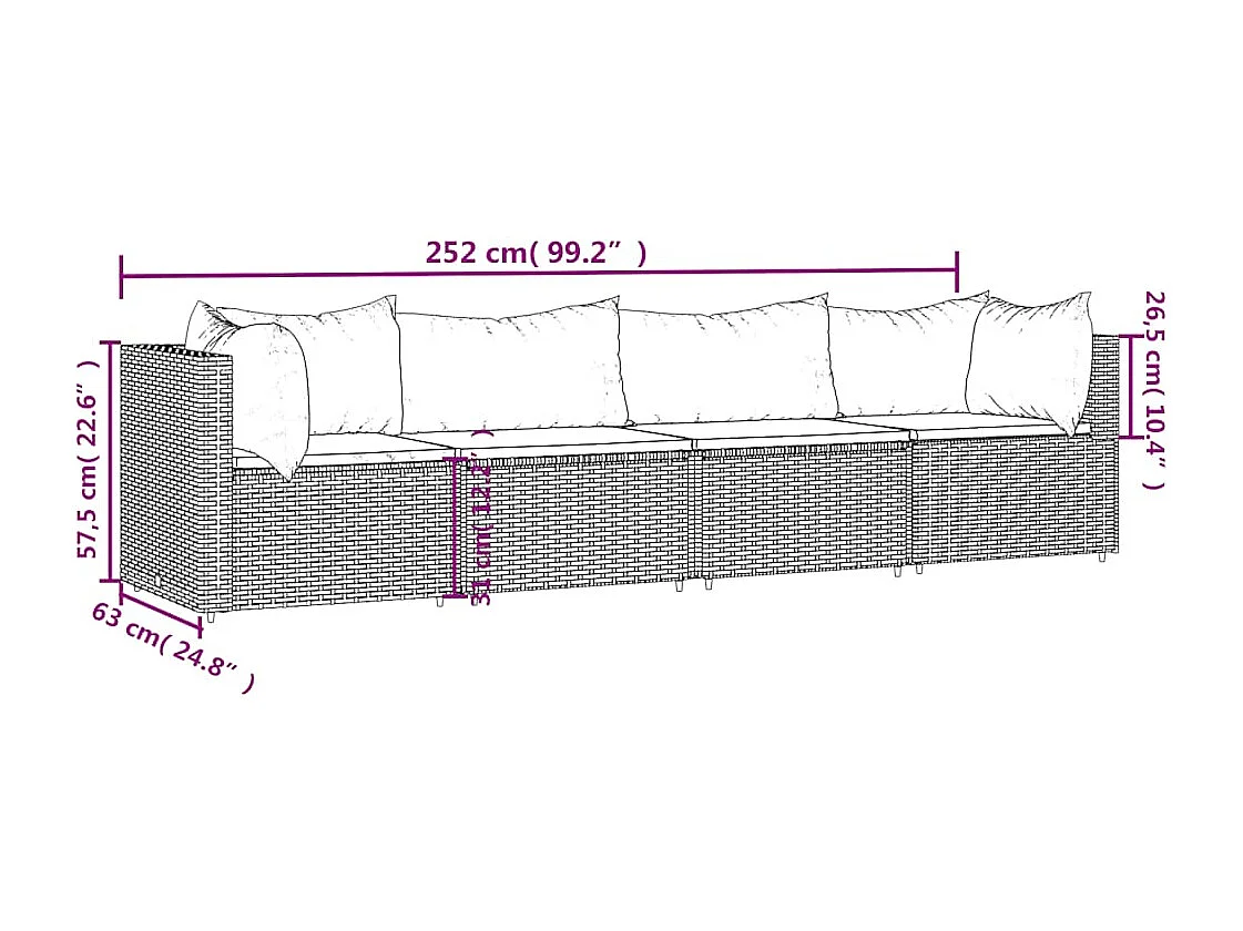 Salon de jardin 4 pcs avec coussins Noir Résine tressée