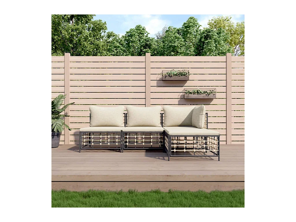 4-delige Loungeset met kussens poly rattan antracietkleurig