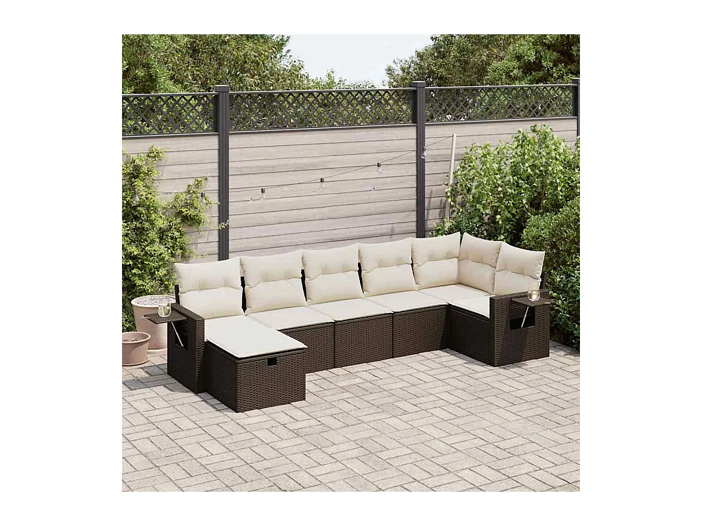 Salon de jardin avec coussins 7 pcs marron résine tressée
