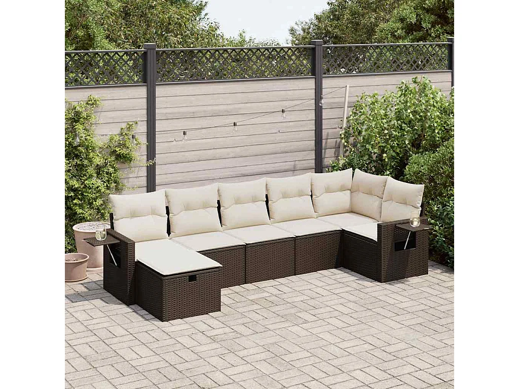 7-tlg. Garten-Sofagarnitur mit Kissen Braun Poly Rattan