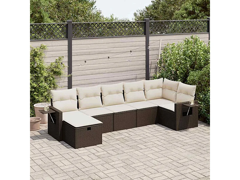7 pcs conjunto de sofás jardim c/ almofadões vime PE castanho