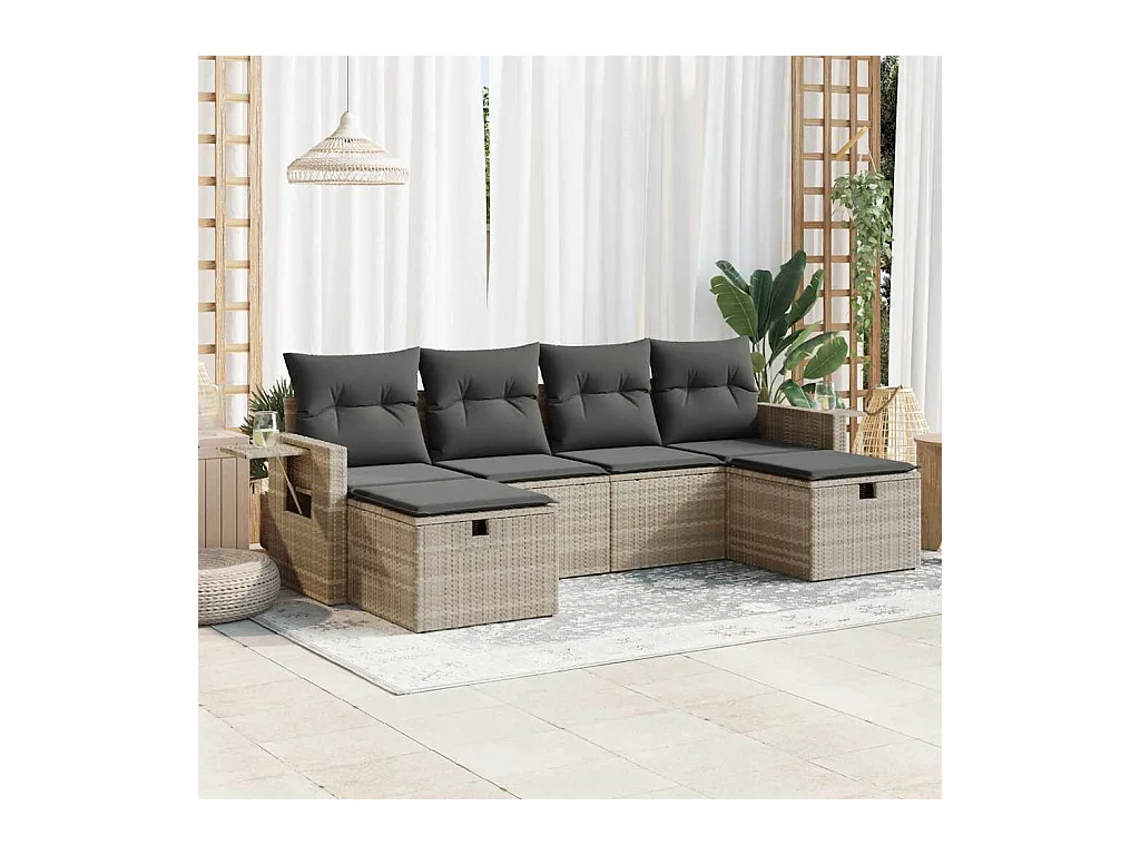 6-delige Loungeset met kussens poly rattan lichtgrijs