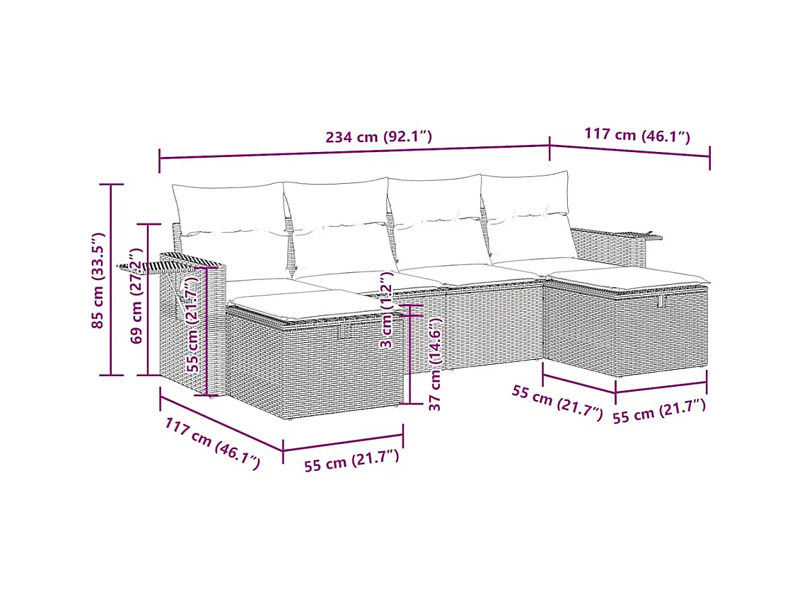 6-delige Loungeset met kussens poly rattan lichtgrijs