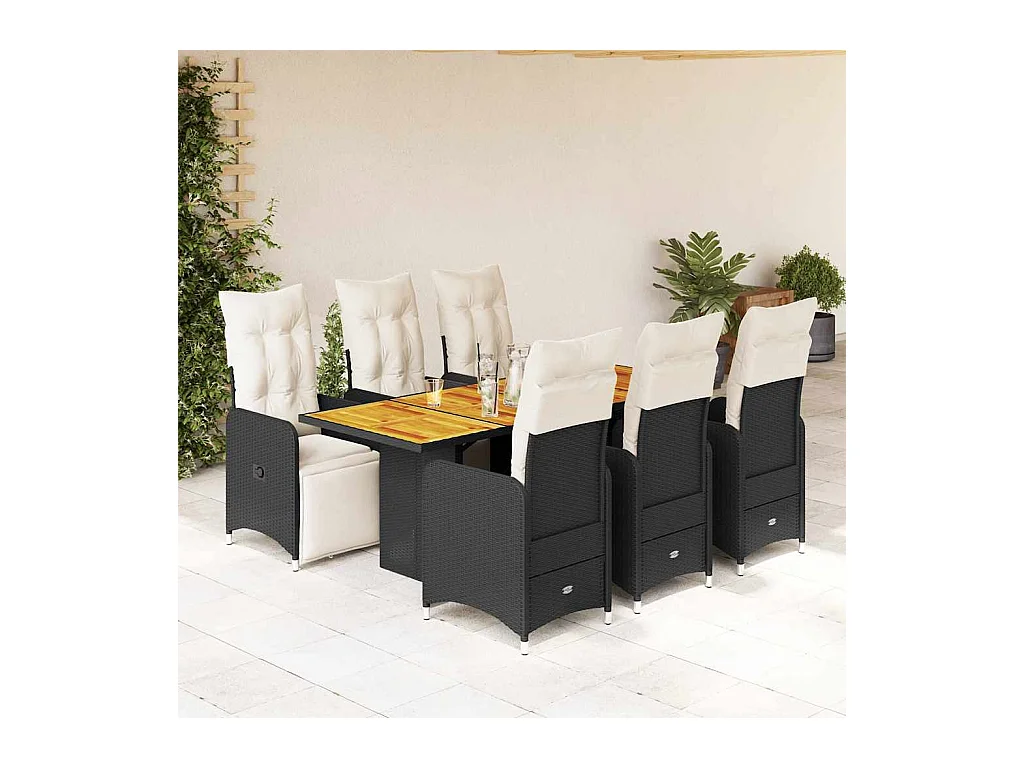 7-tlg. Garten-Bistro-Set mit Kissen Schwarz Poly Rattan