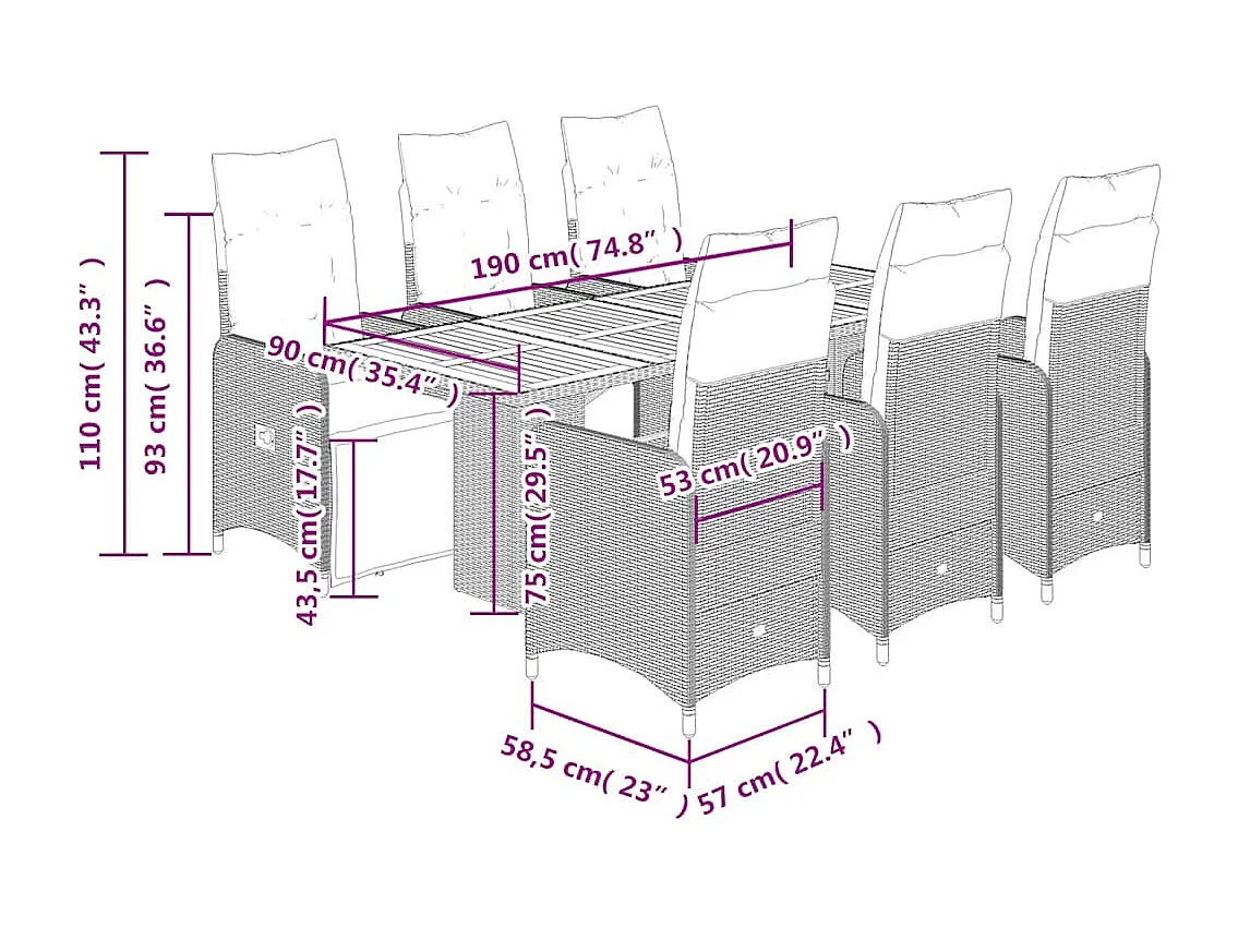 Ensemble de bistro de jardin 7 pcs coussins noir poly rotin