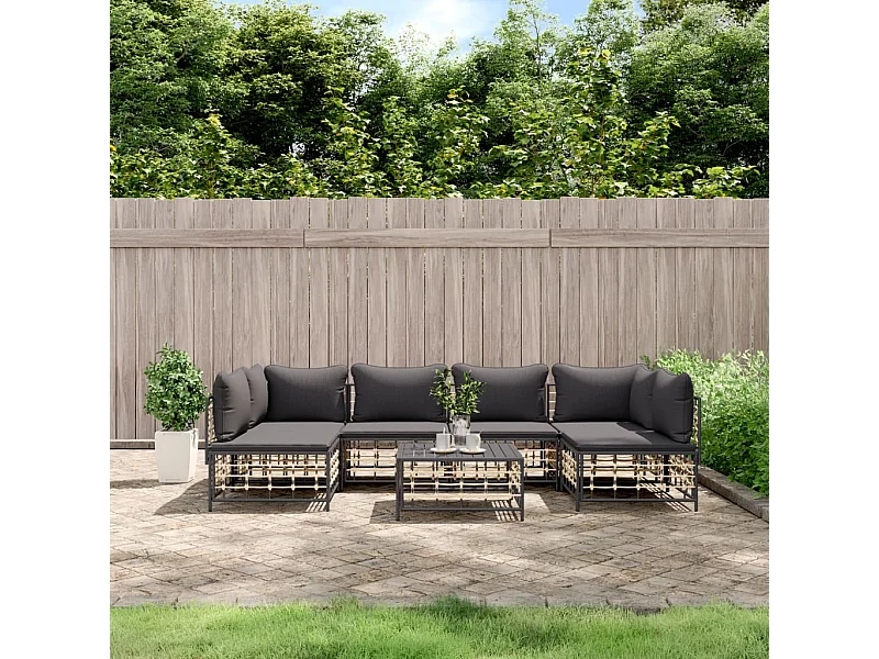 Set Divani da Giardino 7 pz con Cuscini Antracite in Polyrattan