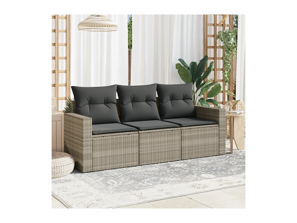 Salon de jardin avec coussins 3 pcs gris clair résine tressée