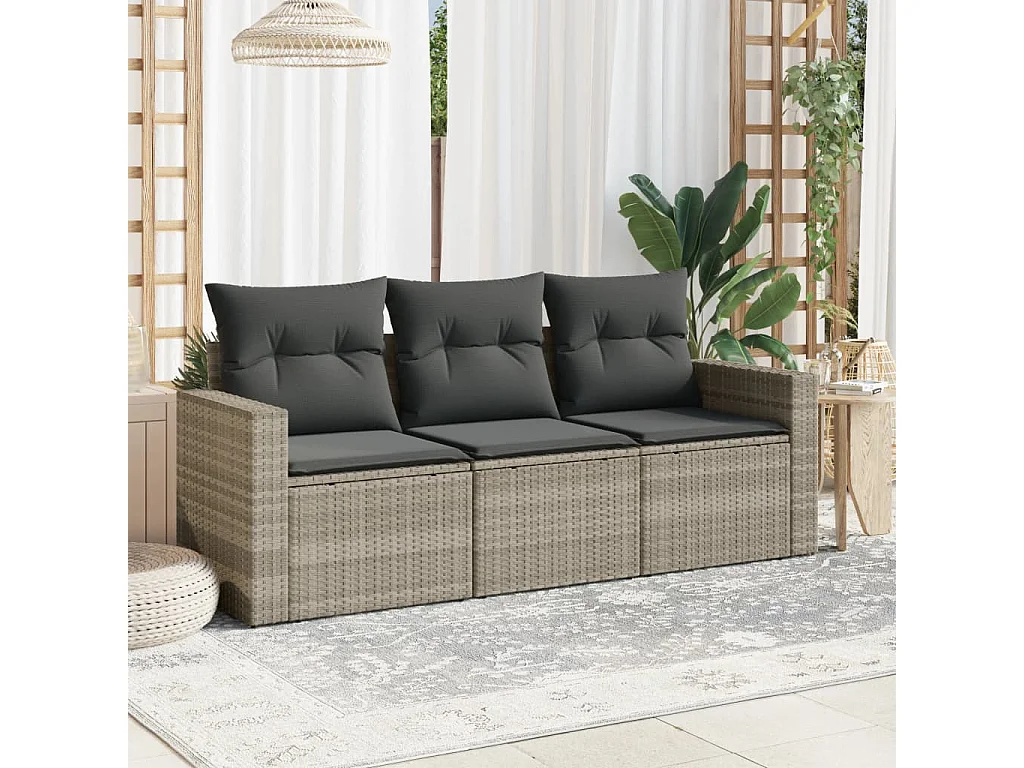 Salon de jardin avec coussins 3 pcs gris clair résine tressée