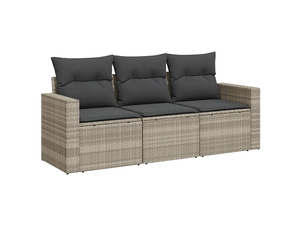 Set de sofá de jardín 3 pzas y cojines ratán sintético gris
