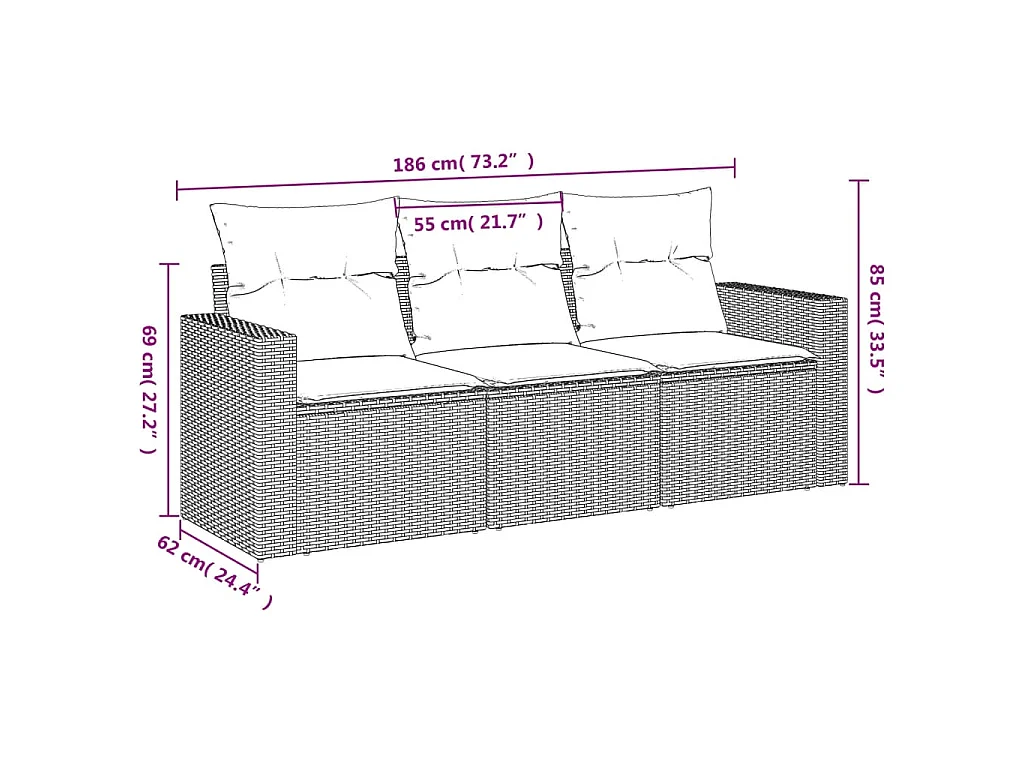 Set de sofá de jardín 3 pzas y cojines ratán sintético gris