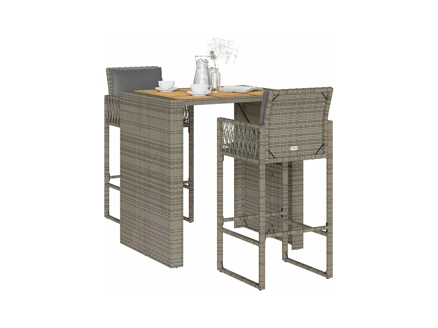 Set Bar da Giardino 3 pz con Cuscini Grigio Polyrattan Acacia