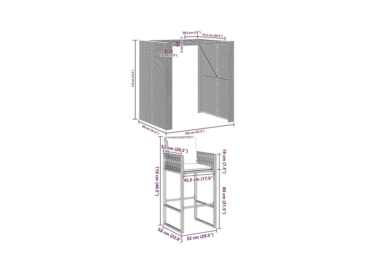 Set Bar da Giardino 3 pz con Cuscini Grigio Polyrattan Acacia