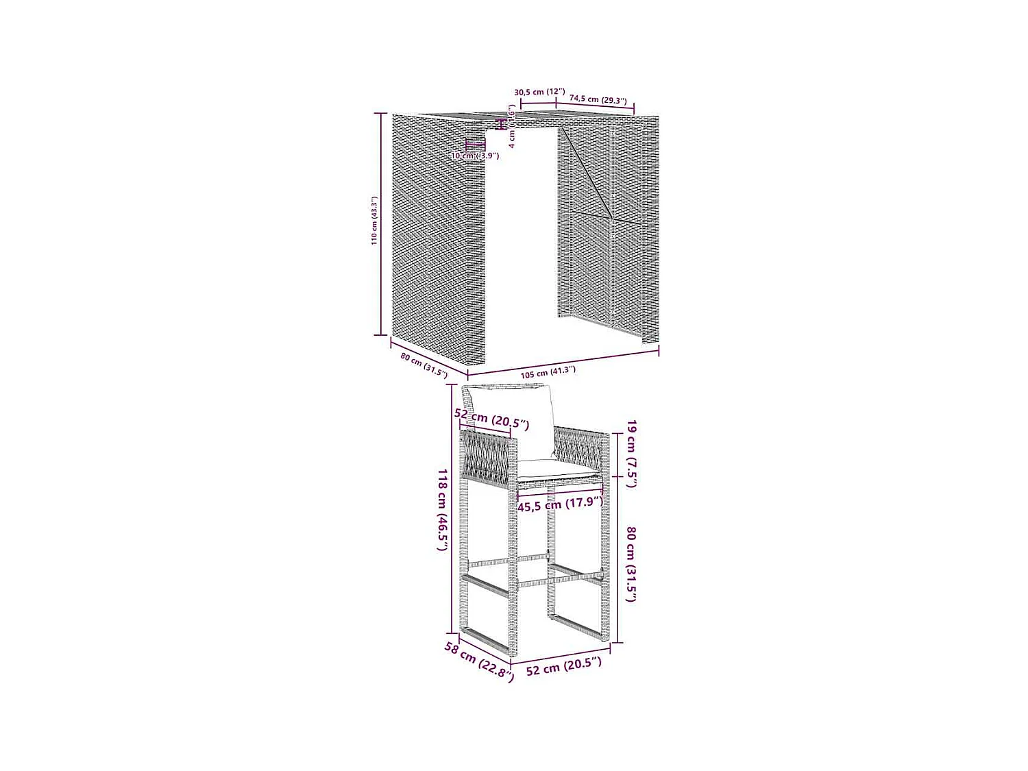 Set Bar da Giardino 3 pz con Cuscini Grigio Polyrattan Acacia