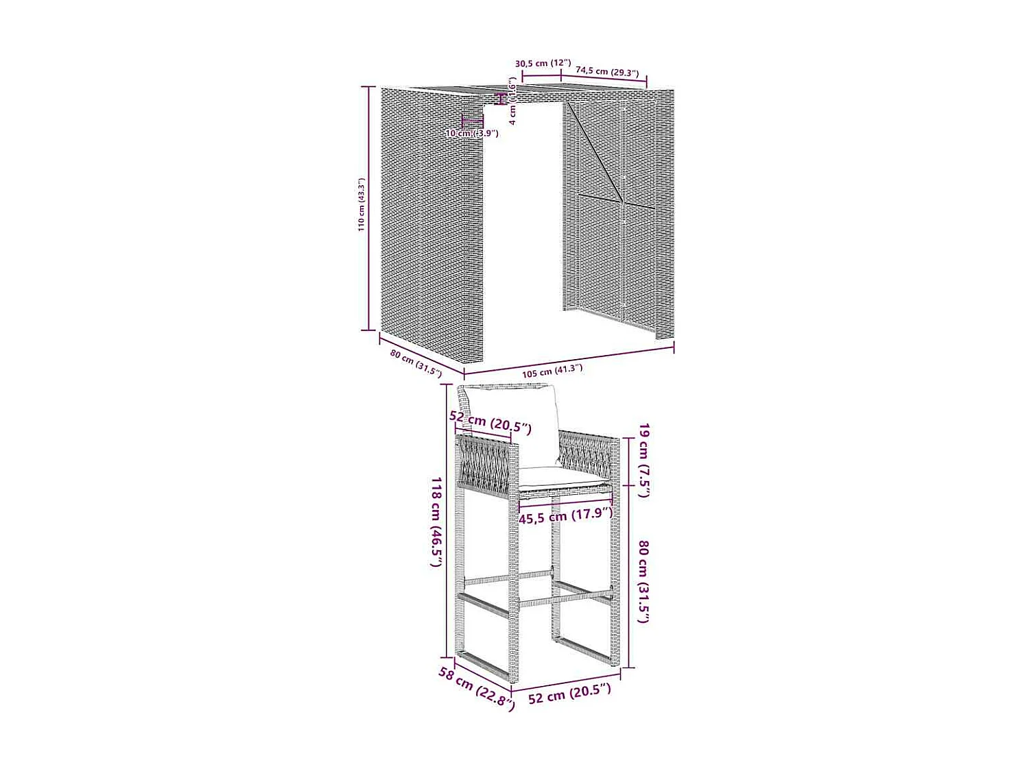 Ensemble de bar de jardin 3 pcs et coussins gris résine tressée