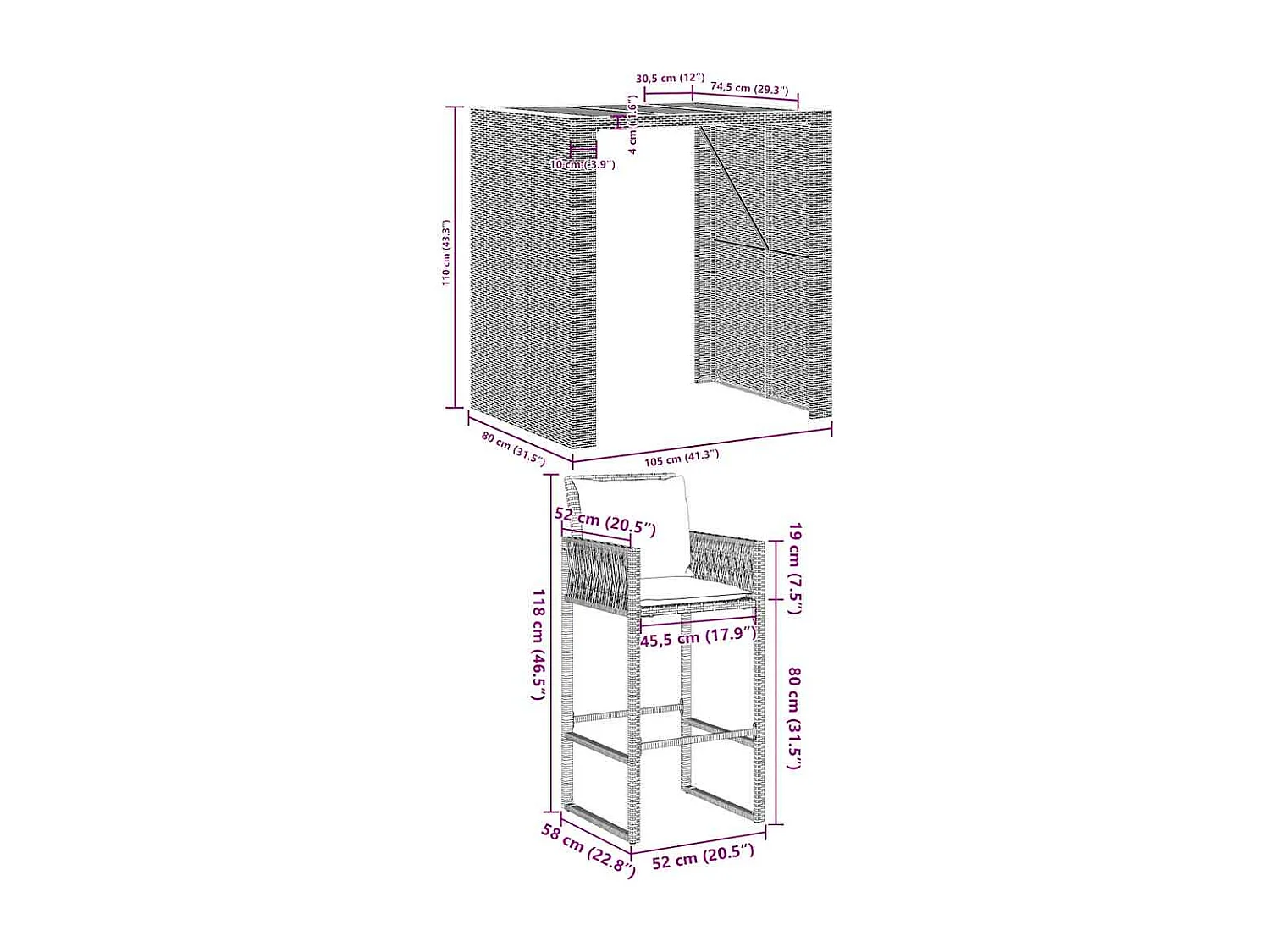 Ensemble de bar de jardin 3 pcs et coussins gris résine tressée