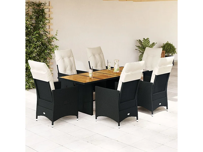 7-tlg. Garten-Essgruppe mit Kissen Schwarz Poly Rattan