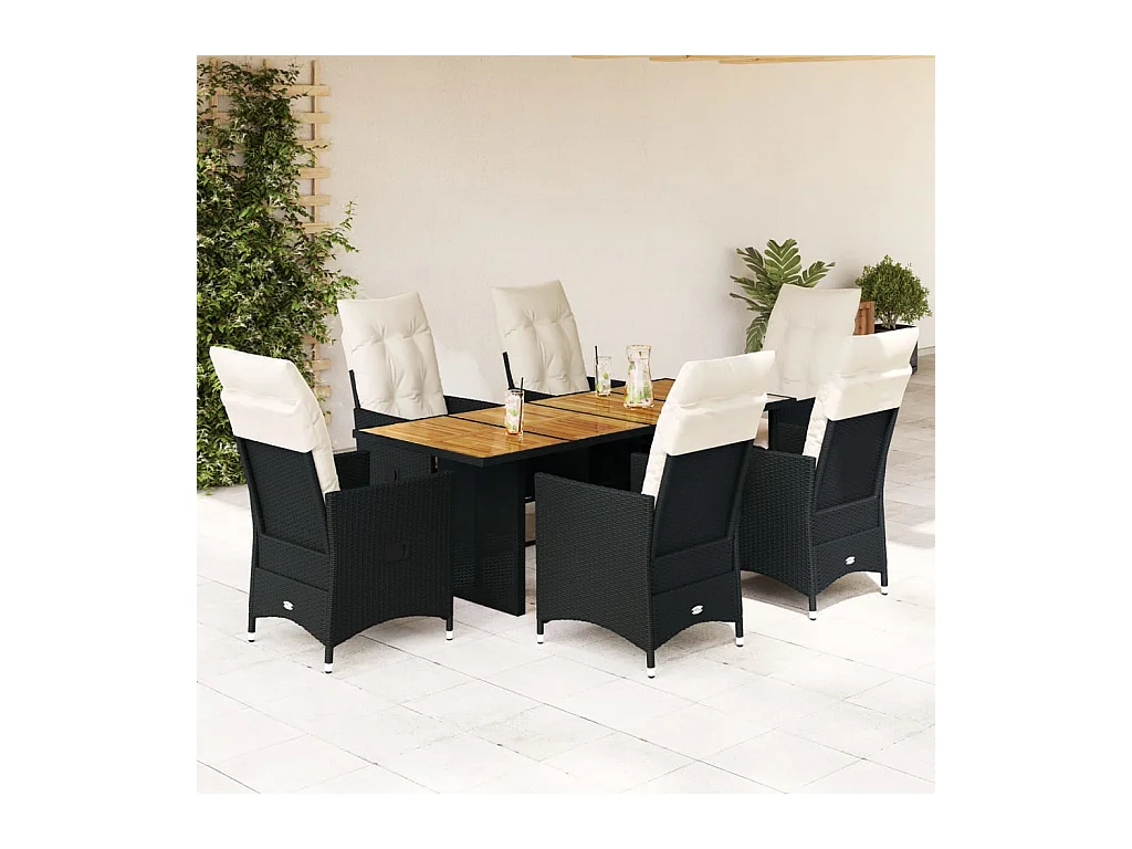 Ensemble à manger de jardin coussins 7 pcs noir résine tressée
