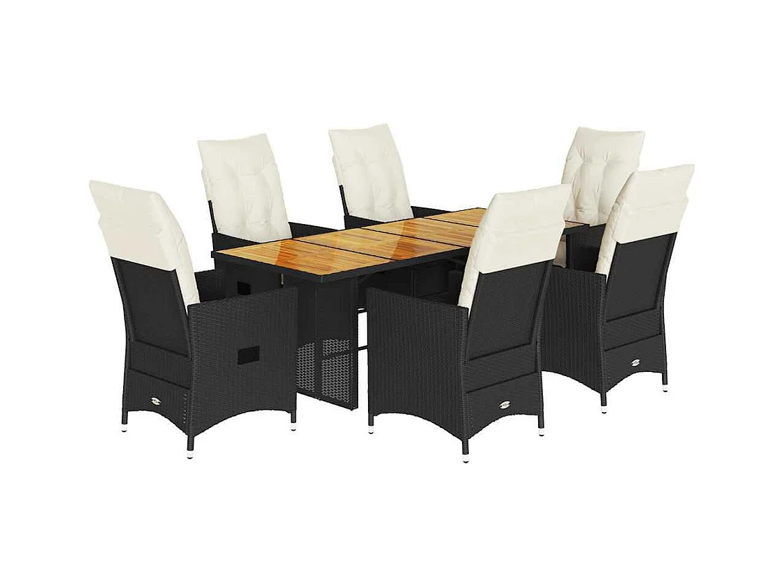 Ensemble à manger de jardin coussins 7 pcs noir résine tressée