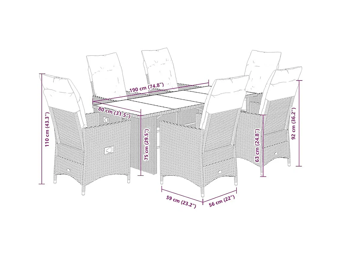 Ensemble à manger de jardin coussins 7 pcs noir résine tressée
