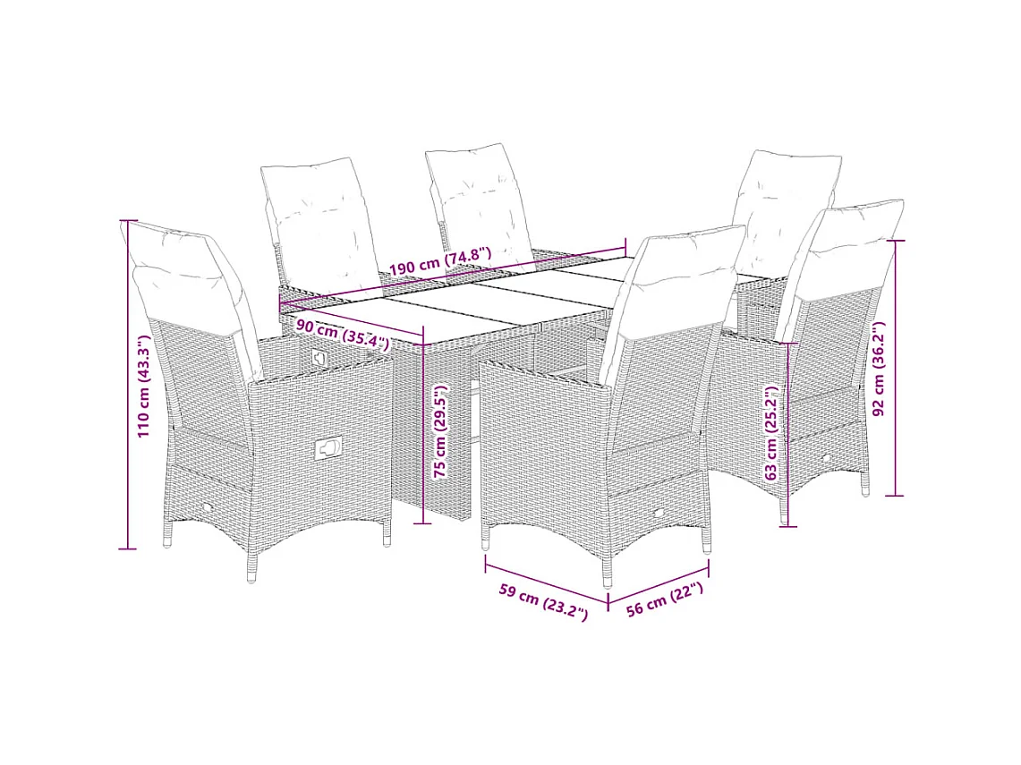 Ensemble à manger de jardin coussins 7 pcs noir résine tressée