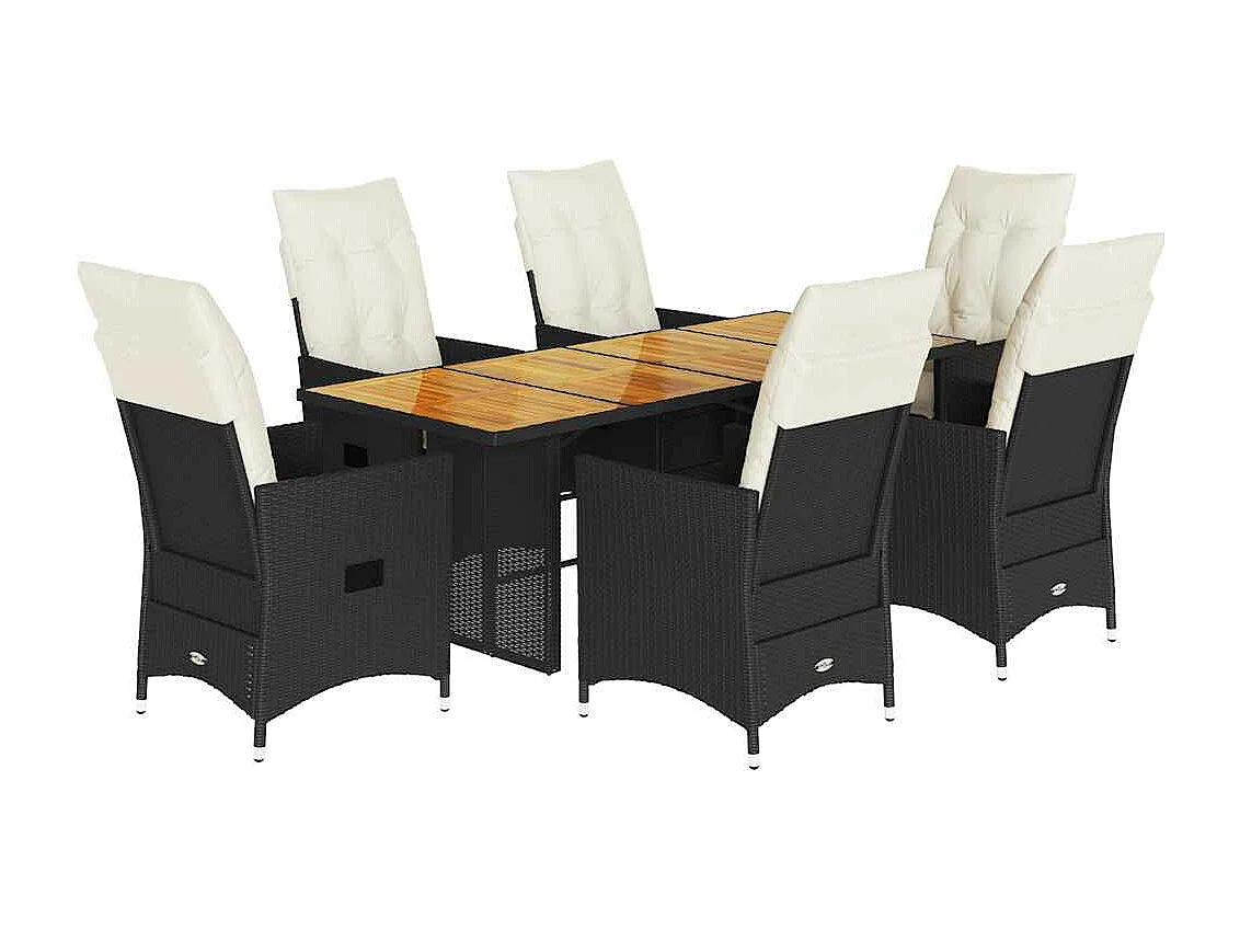 Ensemble à manger de jardin coussins 7 pcs noir résine tressée