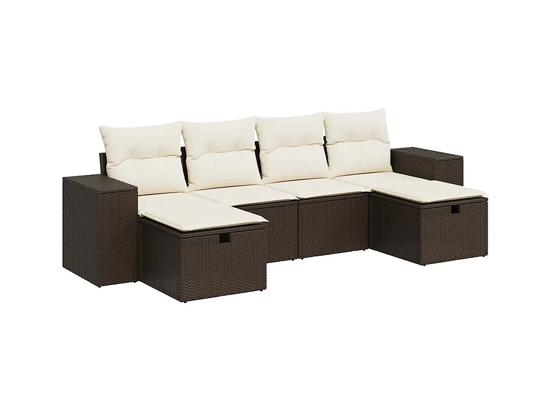 6-delige Loungeset met kussens poly rattan bruin