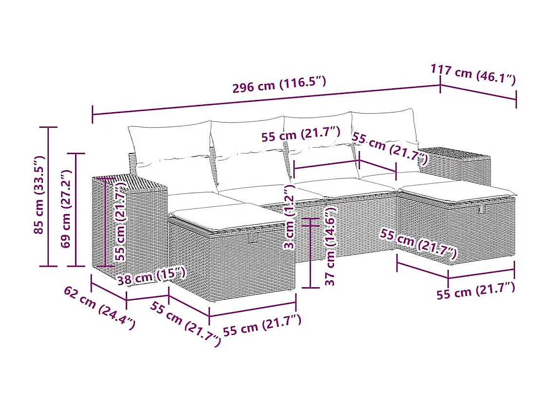 Salon de jardin avec coussins 6 pcs marron résine tressée