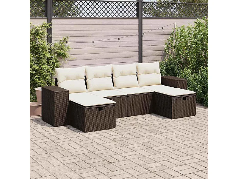 6-delige Loungeset met kussens poly rattan bruin