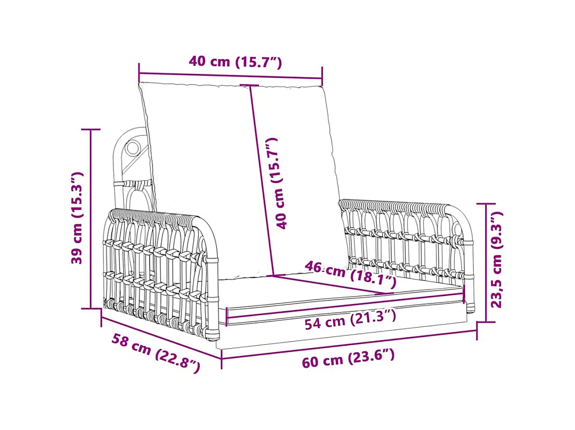 Balancelle avec coussins 63x58x39 cm résine tressée acier