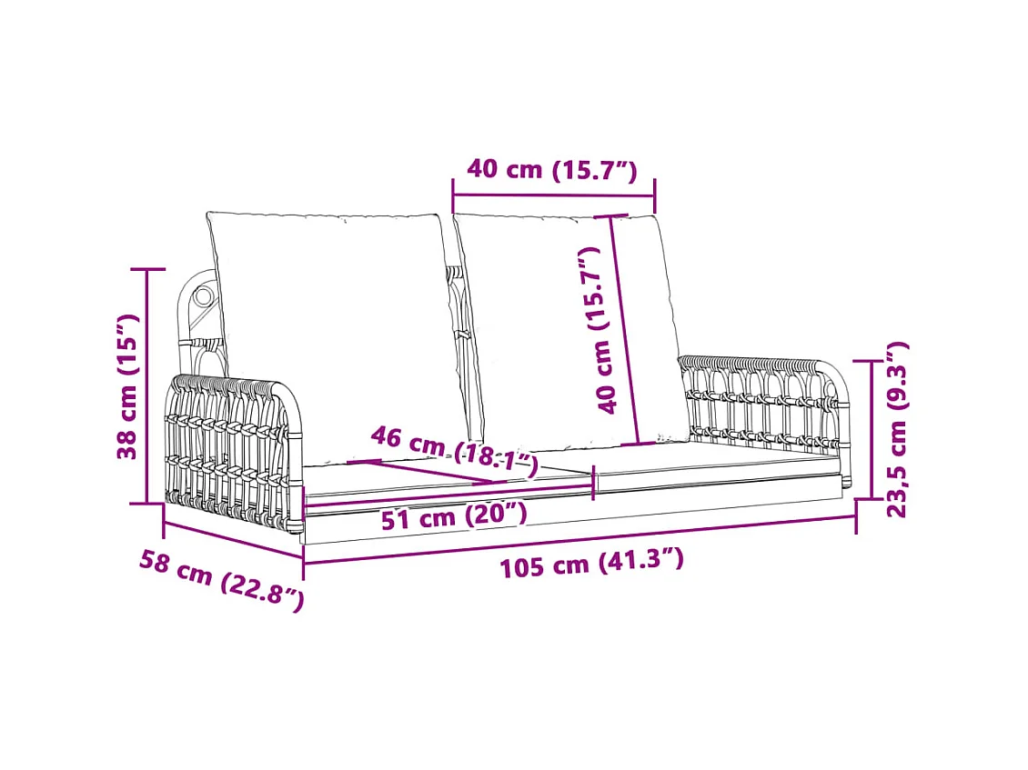 Balancelle avec coussins 105x58x38 cm résine tressée et acier
