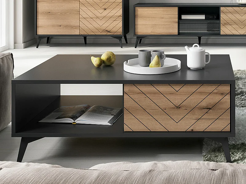 Mesa de café Lima K101, Negro|Roble claro, 40x68x104cm, Aglomerado laminado, Angular