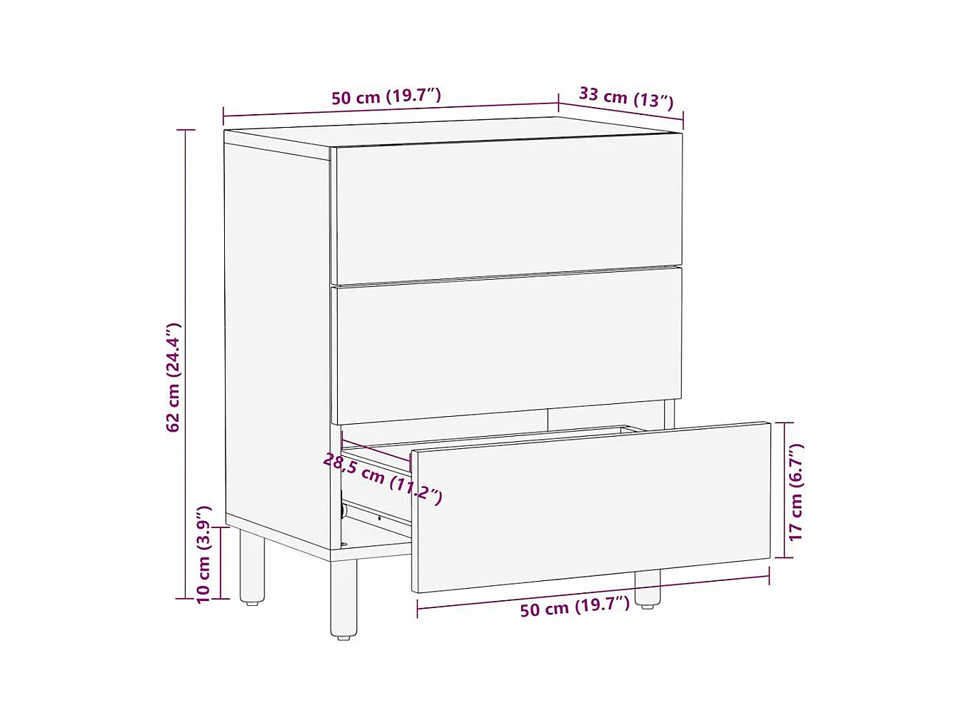 Nachtkastje 50x33x62 cm massief ruw mangohout zwart