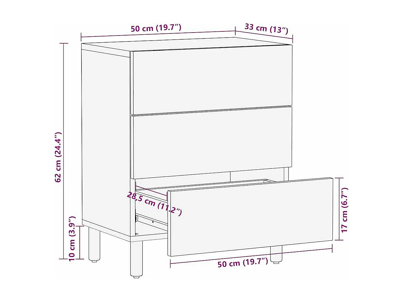 Table de chevet noir 50x33x62 cm bois de manguier massif brut