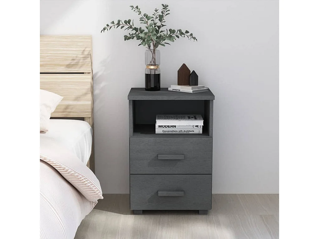 Comodino HAMAR Grigio Scuro 40x35x62 cm Legno Massello di Pino