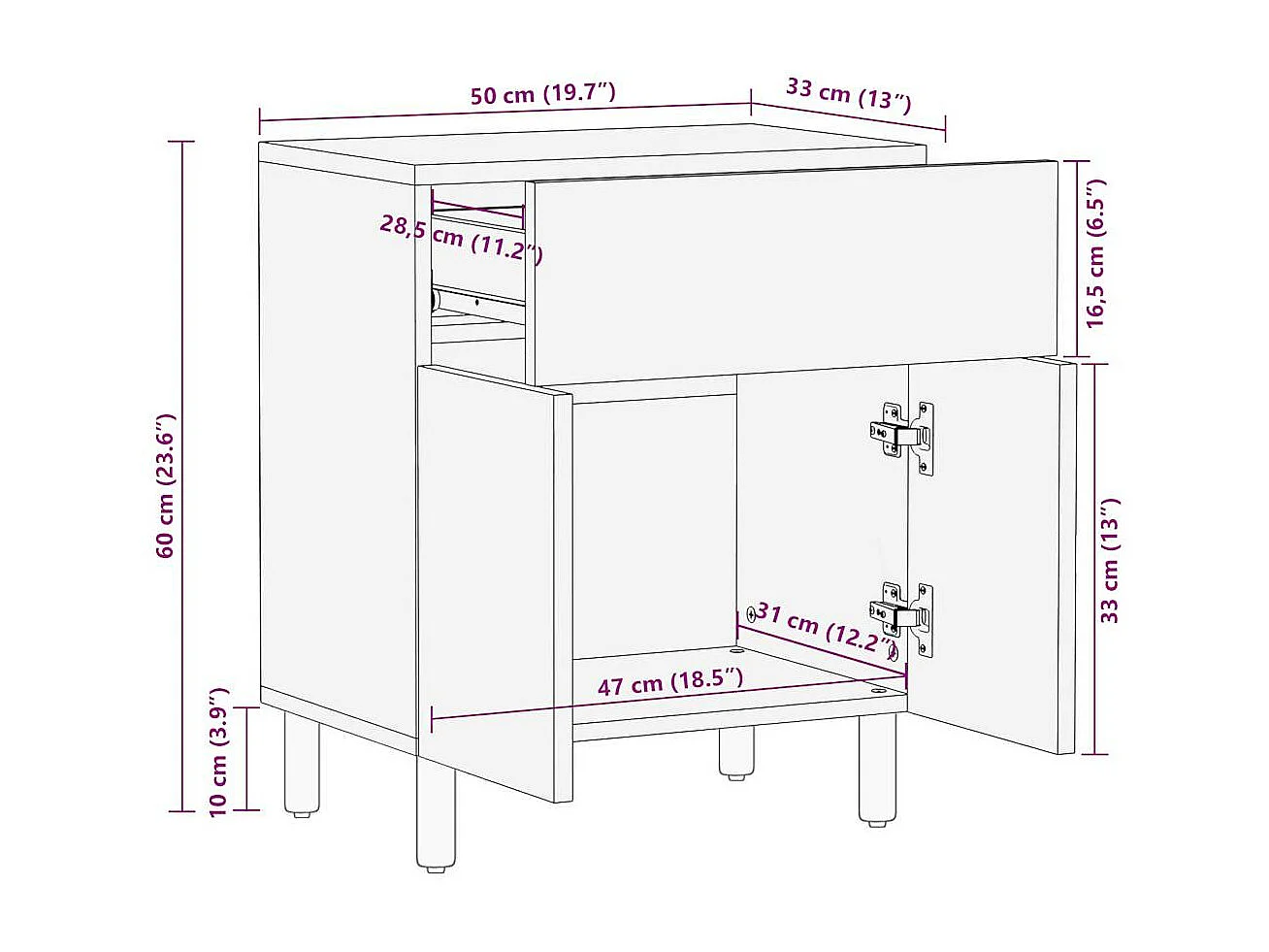 Table de chevet noir 50x33x60 cm bois de manguier massif brut