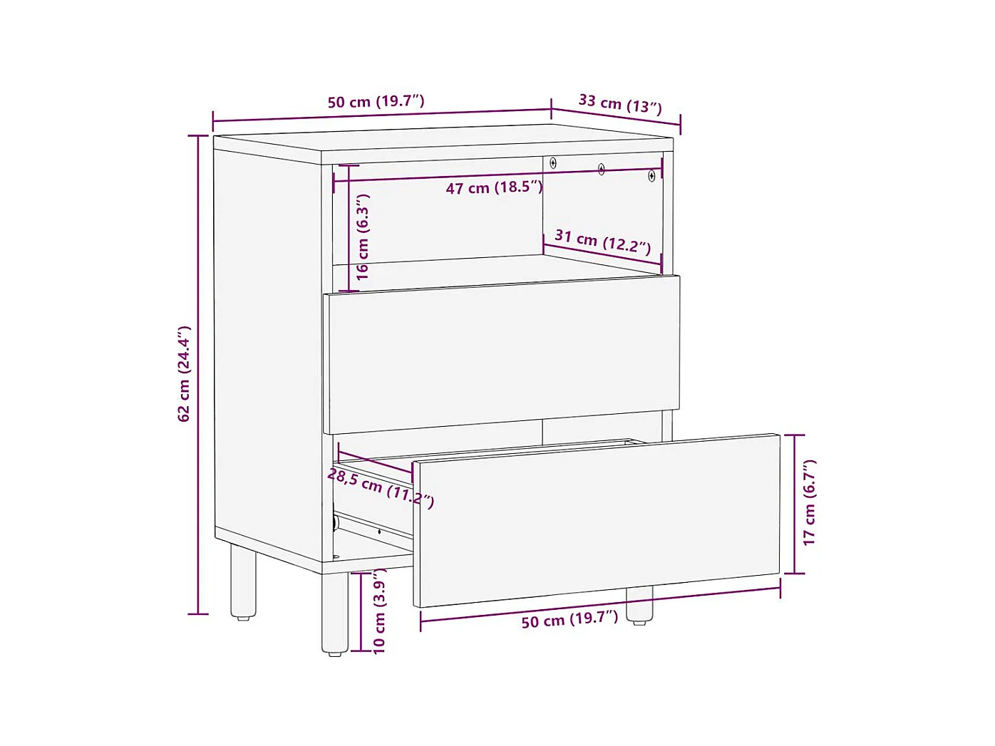 Nachtkastje 50x33x62 cm massief ruw mangohout zwart