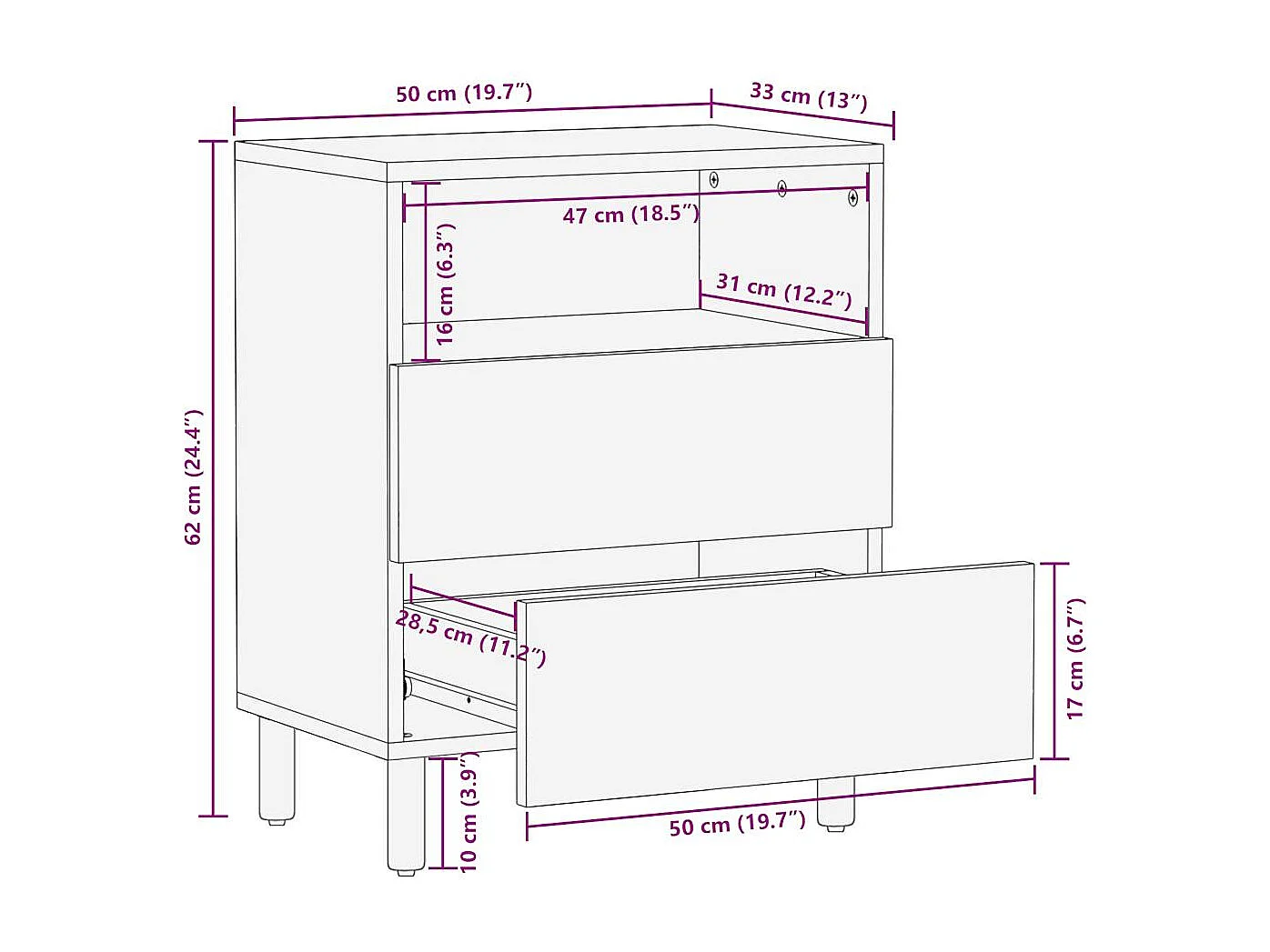 Table de chevet noir 50x33x62 cm bois de manguier massif brut