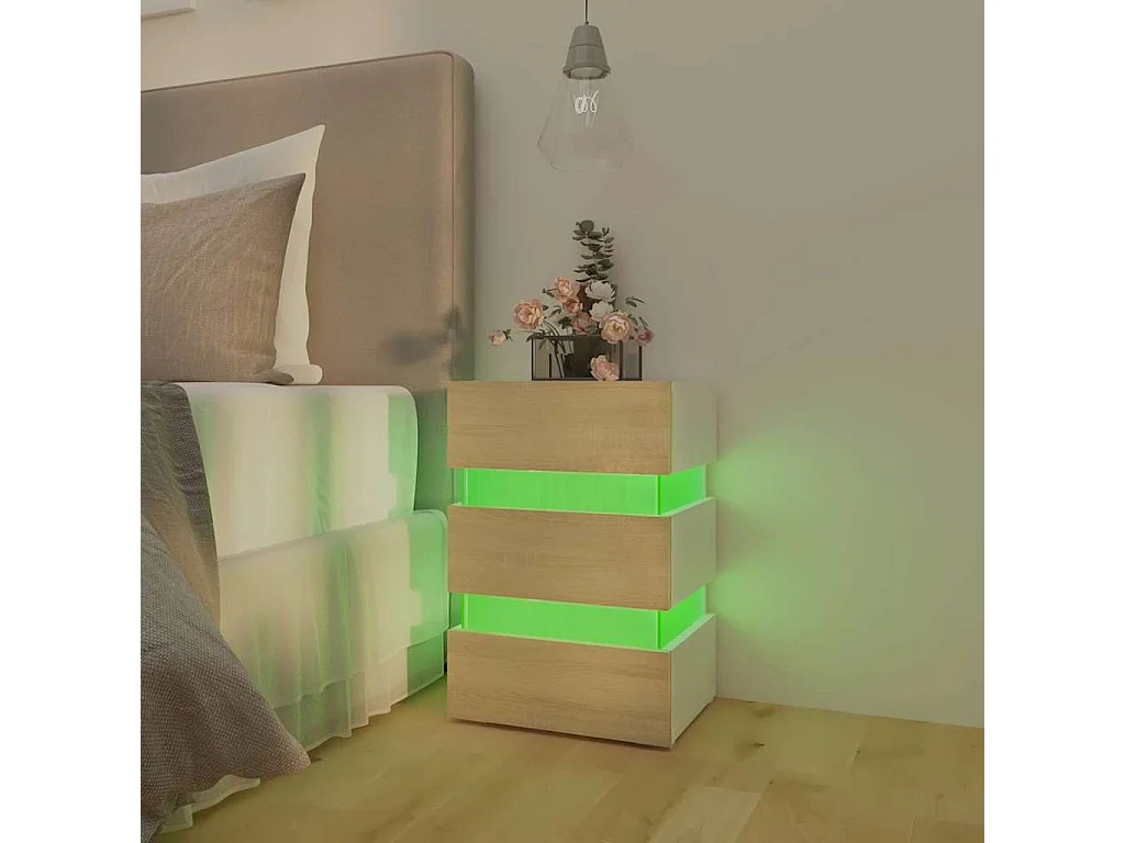 Table de chevet à LED Blanc et chêne sonoma 45x35x67 cm