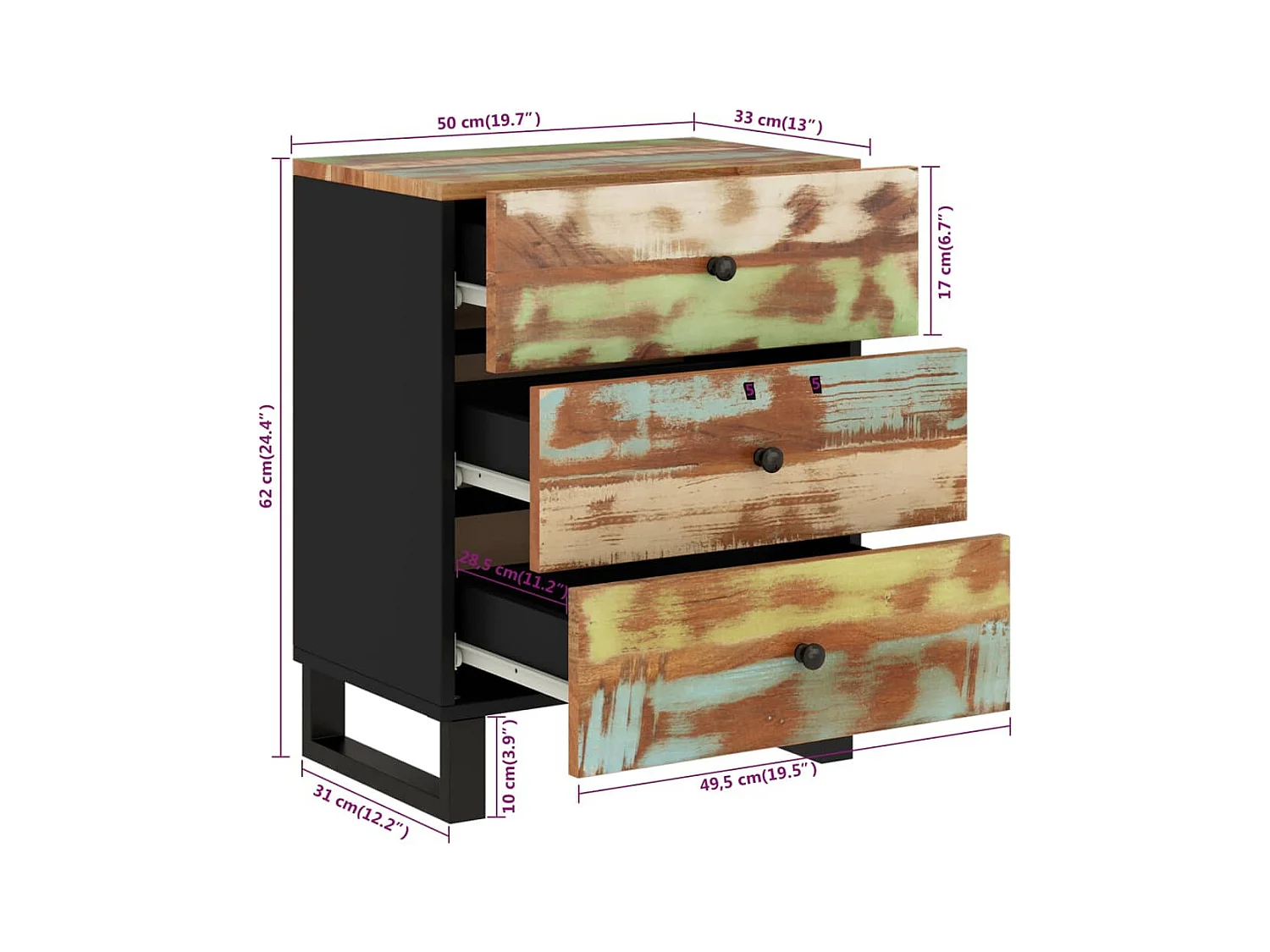 Comodino 50x33x62cm Legno Massello Recupero e Legno Multistrato
